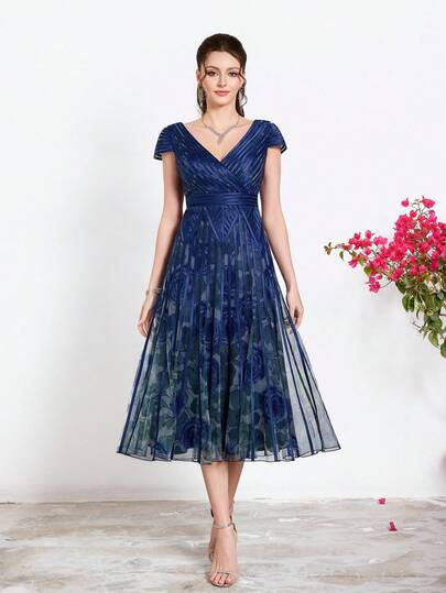 Mgiacy Navy Blue Floral & Striped V-Neck Cap Sleeve Midi Dress, Elegant Women's Summer Gown For Prom, Dinner, Party & Festival Outfits