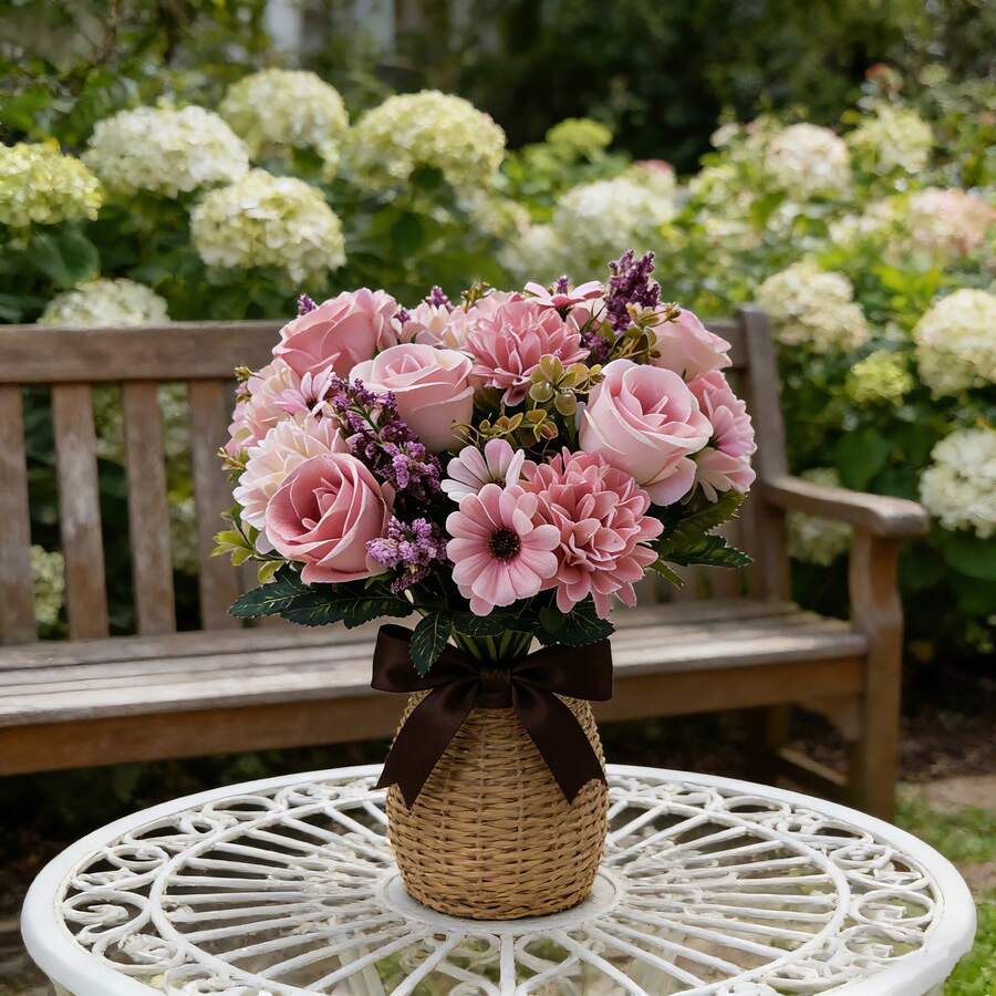 4 Artificial Flower Simulation Rose Bouquets Silk Daisies Dandelion Flowers Loose Wedding Home Party Decoration Dining Table Centerpiece, Pink Colors - Pink - View 1