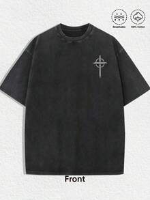 1 PCS Retro Distressed Washed Black Aesthetics Front White Gothic Cross Icon (With Sword & Thorn Accents) + Back White Distressed Bold "FEAR NO EVIL" Typography + Dark Gothic Four-Winged Angel Illustration (Holding Cross Sword, Subduing Demon Skull & Serpent) 100% Cotton Breathable Unisex Oversized Short Sleeve Tee, Christmas Church Services, Hunting Day Casual Outings, Street Style Hangouts, Faith Fellowship & Worship Meetups, Religious & Urban Fashion Events, Daily Urban Wear, Friend Leisure Outings, Excellent Gift For Friends & Family - màu đen - Xem 2
