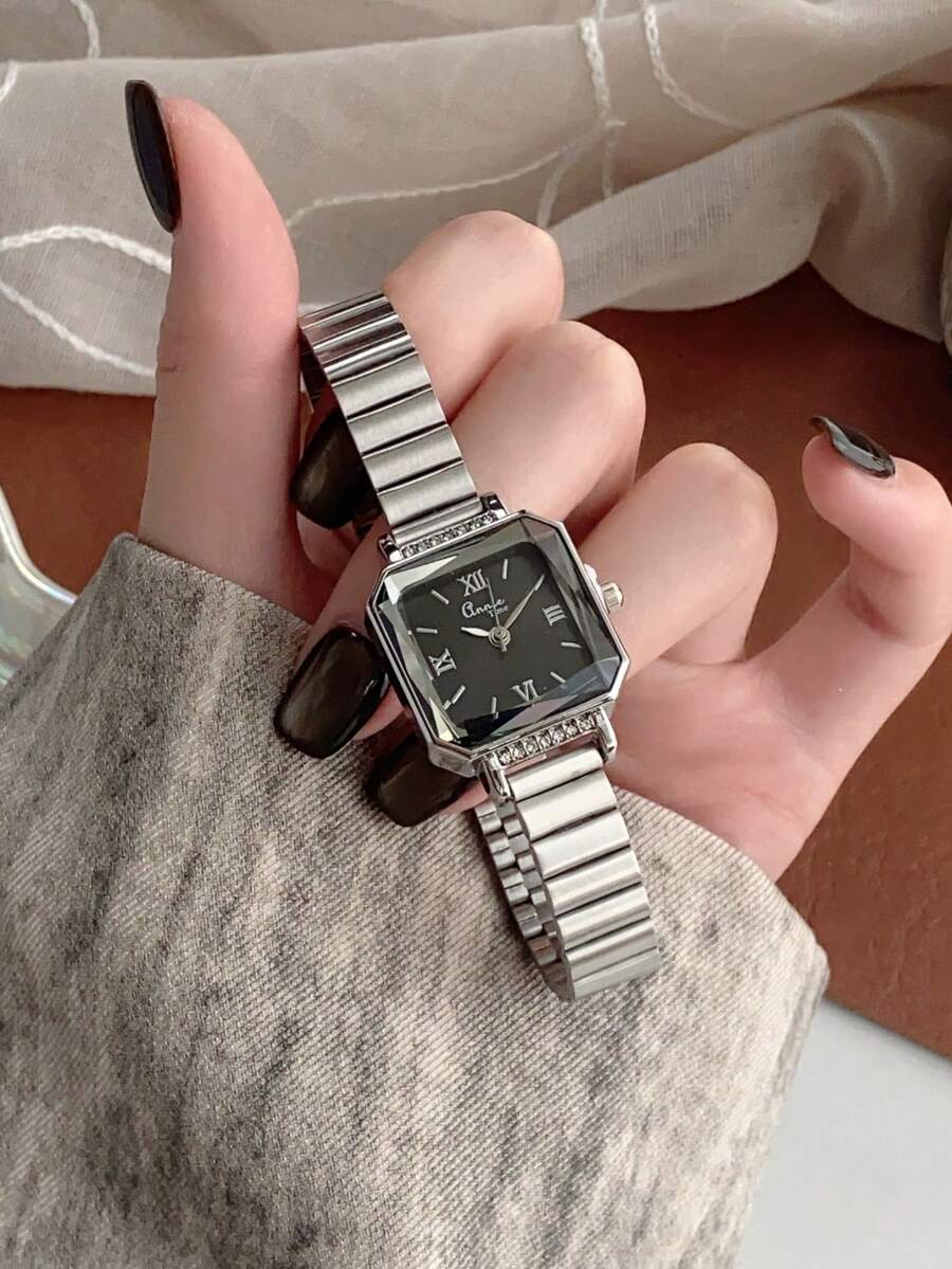 1件復古銀色不鏽鋼方形小錶盤女款手錶，時尚優雅石英女士腕錶，適合日常配戴 - 銀色 - 查看 1