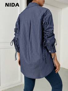 女士条纹前开襟抽绳长袖休闲通勤衬衫 - 藍色 - 查看 6