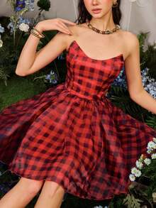 Faeriesty Women's Strapless Plaid Ruffle Asymmetric High-Low Hem Evening Gown & Mini Party Dress, Suitable For Balls, Holidays And Weddings - Red - View 6