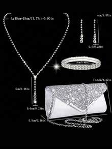 4pcs Women's Fashion Versatile Elegant Sequin Clutch Bag, Luxury Crystal Necklace, Earrings, Bracelet Jewelry Set For Party - Silver - View 7