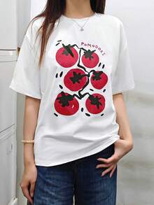 女士圆领短袖T恤，新款夏季卡通番茄图案和字母印花，时尚休闲宽松上衣 - 白色 - 查看 2