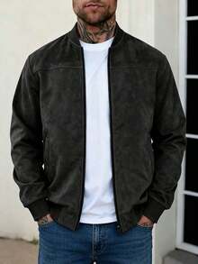 Men's Khaki Suede Bomber Jacket, Full Zip Stand Collar Casual Coat, Retro Faux Leather Jacket, Suitable For Spring And Autumn, Outdoor Commute Casual Jacket, High-Quality Men's Gift - 黑色 - 查看 8