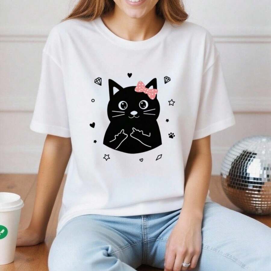 Cat Graphic T-Shirt With Bow Print, Cute  Kitty Line Art Tee, Kaw - màu đen - Xem 1