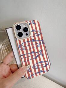 1pc Red & White Striped Handpainted Small Fish Pattern Shockproof Faux Leather Full Coverage Phone Case, Compatible With IPhone 17/16/15/14/13/12/11 Series, Retro American Style, Ins Aesthetic - Multicolor - View 1