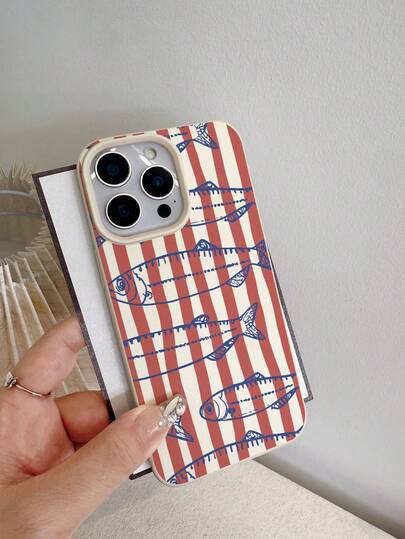 1pc Red & White Striped Handpainted Small Fish Pattern Shockproof Faux Leather Full Coverage Phone Case, Compatible With IPhone 17/16/15/14/13/12/11 Series, Retro American Style, Ins Aesthetic