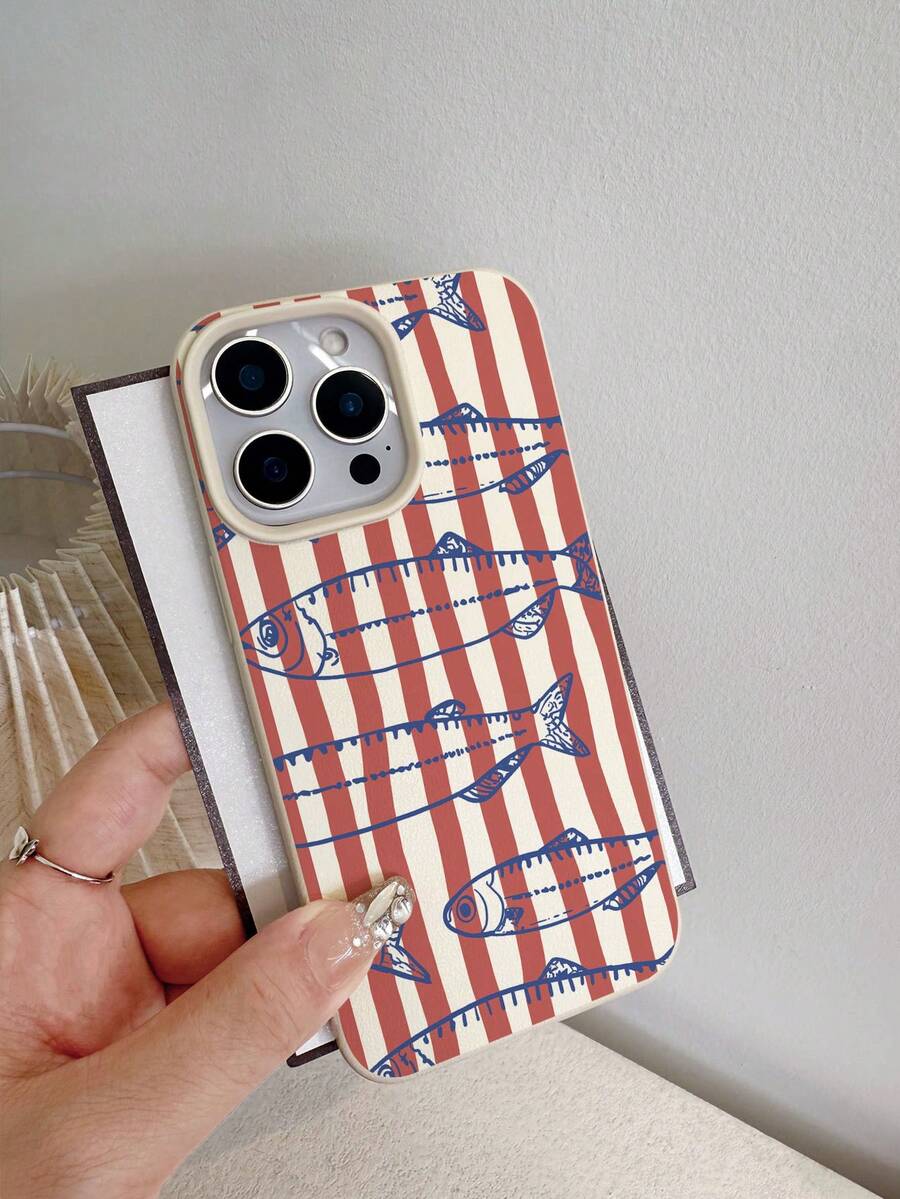 1pc Red & White Striped Handpainted Small Fish Pattern Shockproof Faux Leather Full Coverage Phone Case, Compatible With IPhone 17/16/15/14/13/12/11 Series, Retro American Style, Ins Aesthetic - Multicolor - View 1