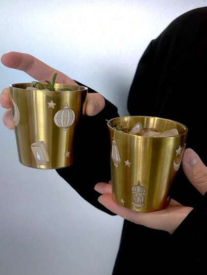 Gold Stainless Steel Double-Layer Sharing Cup | Middle Eastern Crescent Moon Star Vine Pattern Insulated Cup | Suitable For Ramadan Gifts, Vases, Candle Holders, Cups/Glasses, Eid Al-Fitr Favors, Ramadan Sets, Incense Burners, Gift Boxes, Balloons, Ramadan Accessories, Ramadan Distribution, Ramadan Gifts, Coffee, Beverages