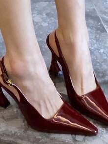 女士时尚尖头优雅套脚软底防滑粗跟高跟鞋，有酒红色和黑色可选，百搭 - 酒紅色 - 查看 4