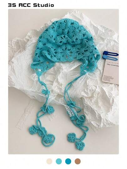 Vintage Star Knitted Hollow Out Beanie Hat, Handmade Crochet Boho Floral Tassel Headwrap Cap For Women, Spring/Summer