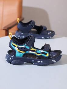 儿童露趾凉鞋，夏季透气魔术贴沙滩鞋，轻便运动凉鞋，适合沙滩和休闲穿着 - 藏蓝色 - 查看 5