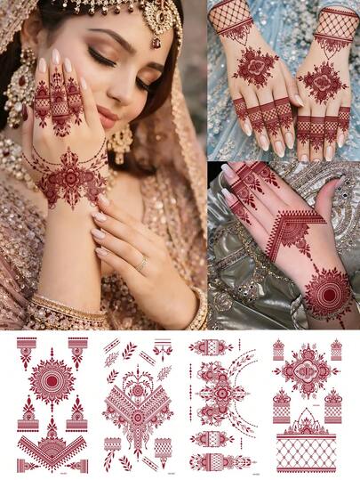 4 Piece Red Brown Henna Style Tattoo Body Art Temporary Tattoos Suitable For Women. Waterproof Fake Tattoo, Lasting 2-5 Days,Can Cover Scars. Can Be Used On Fingers, Arms, Neck, Chest, Waist, Legs, Feet, And Ankles. Suitable For Weddings, Holidays, Parties, Gifts, And Vacations Holiday Celebration Ramadan Eid Al-Fitr