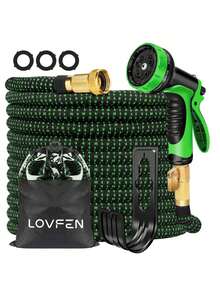 LOVFEN 100FT Stretchable Garden Hose, Lightweight Kink-Free Flexible Water Pipe With 10-Pattern Spray Nozzle, Leak-Proof, 3/4" Swivel Connectors, Super Durable Fabric, Portable Storage Strap – Ideal For Gardening, Patio, Yard, And Outdoor Watering - Green - 查看 1