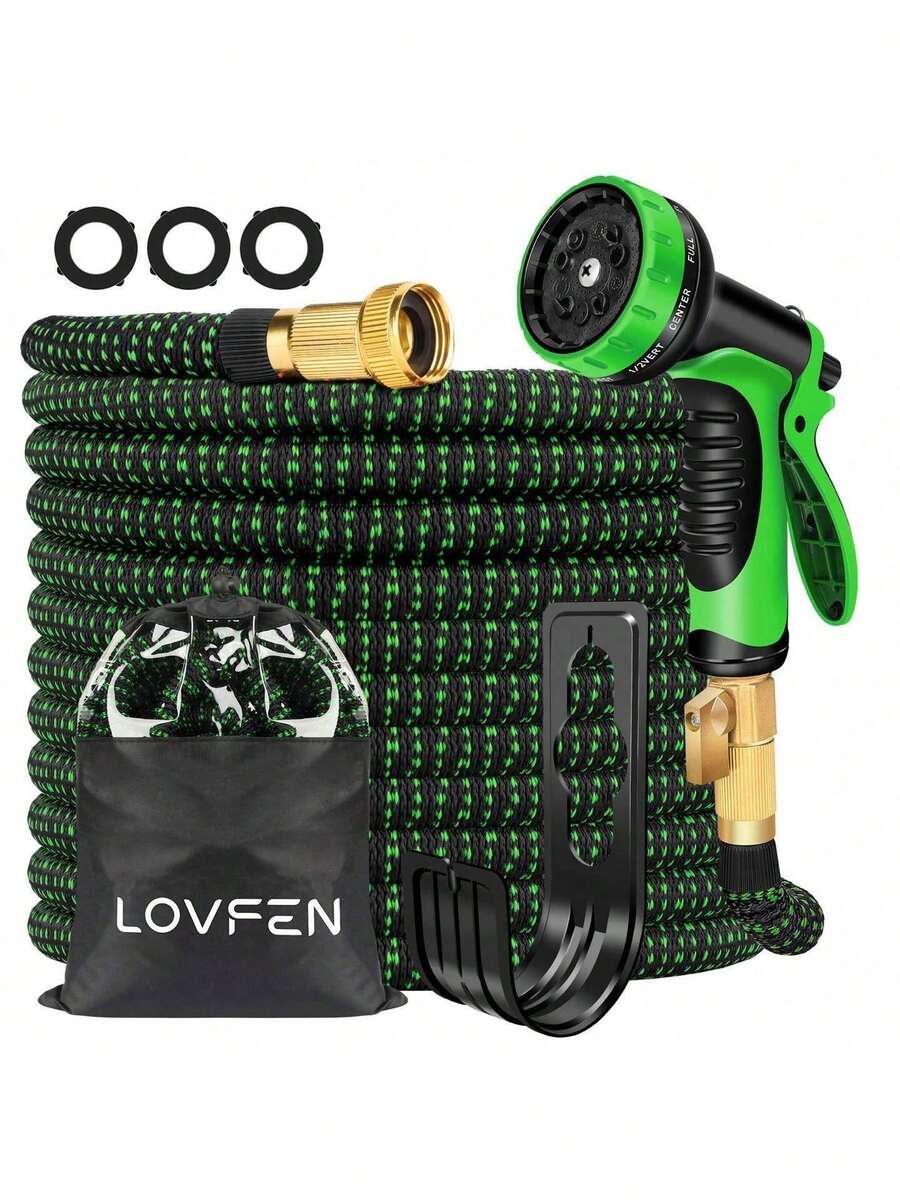 LOVFEN 100FT Stretchable Garden Hose, Lightweight Kink-Free Flexible Water Pipe With 10-Pattern Spray Nozzle, Leak-Proof, 3/4" Swivel Connectors, Super Durable Fabric, Portable Storage Strap – Ideal For Gardening, Patio, Yard, And Outdoor Watering - Green - 查看 1