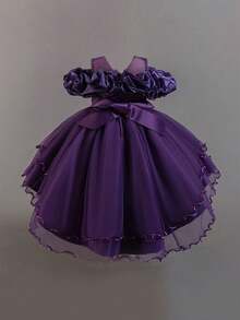 Vestido de princesa elegante con cola de golondrina y apliques de malla para niñas jóvenes, adecuado para fiestas, diadema no incluida - Morado - Ver 3