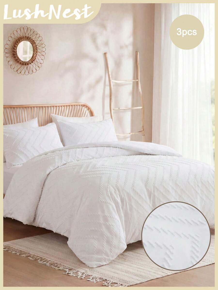 三件套白色床上用品，波浪形剪裁设计 - 包括被套和两个枕套，柔软舒适的涤纶面料，透气易洗，波浪形设计，适合海滨风格卧室，简约风格