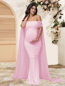 JustVH 优雅孕妇透视露肩连衣裙，适合婴儿派对，带帽长裙 - 粉色 - 查看 3