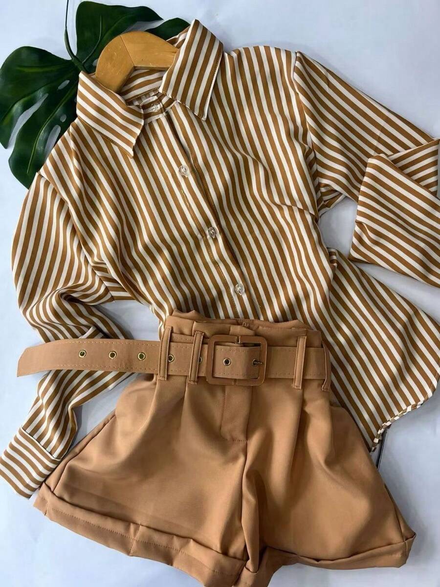 Women's Long-Sleeved Striped Shirt With Buttons, Loose Fit, In Premium Crepe Fabric, No Pockets, , Casual, Elegant - Rỉ Nâu - Xem 1