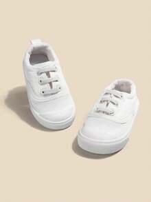 1 Pair Kids Solid Canvas Shoes Breathable Round Toe Lace Up Flat Casual Sneakers For School Daily Walking - White - View 2