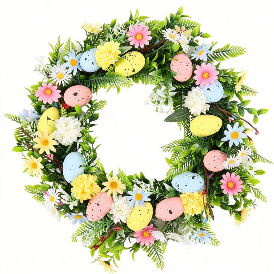 Spring Easter Wreath - Pastel Decorative Wreath With Eggs & Artificial Flowers Wreath For Front Door, Wall & Seasonal Home Farmhouse Decor - Màu vàng - Xem 1
