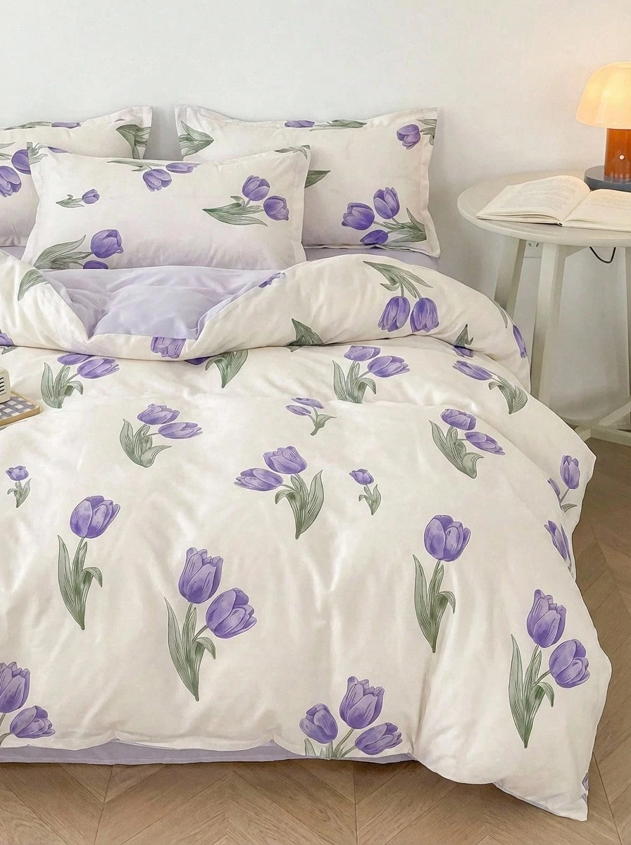 Joivida 4 件套床上用品，双面印花设计羽绒被套床单枕套，柔软拉绒面料，防褪色，适用于卧室、客房、宿舍，适合所有季节