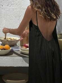 Backless Cami Dresses For Women Cami Lounge Dress Backless Solid Color Sleeveless House Dress Long Sundress With Back Tie - Black - View 2