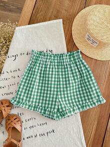 2pcs/Set Girls Cute Sweet Cherry Bow Pattern Outfit, Soft T-Shirt Paired With Plaid Sports Shorts, Summer 2 Pieces Set - Green - View 5