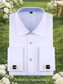 1pc Men's French Cuff Long Sleeve Formal Dress Shirt, Groom & Groomsman Wedding Party Attire, Comes With Random Cufflinks - trắng - Xem 1