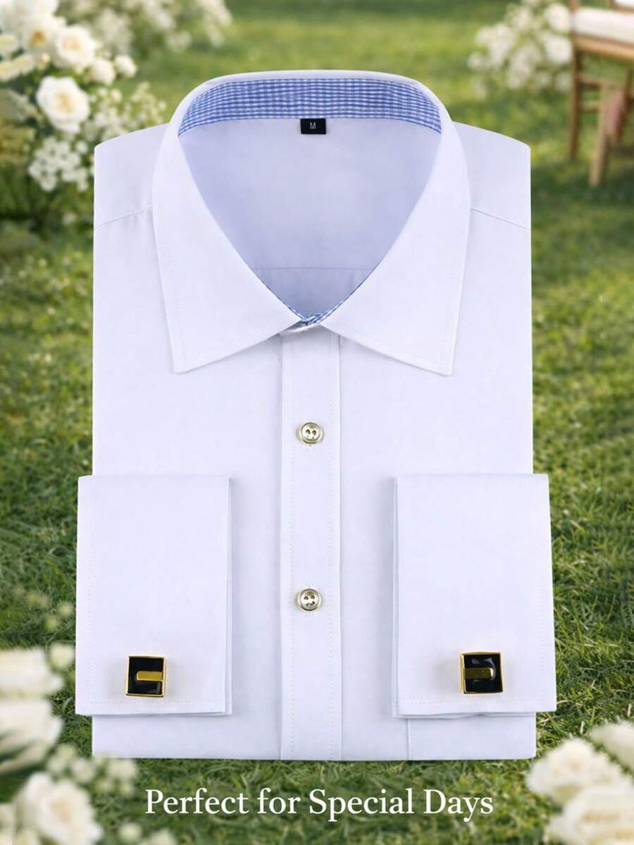 1pc Men's French Cuff Long Sleeve Formal Dress Shirt, Groom & Groomsman Wedding Party Attire, Comes With Random Cufflinks - trắng - Xem 1