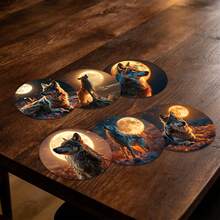 6pcs Wooden Wolf Coffee Cup Coasters, Suitable For Home, Cafe, Afternoon Tea, Theme Party Decoration, Car And Racing Cup, Unique Gift Set, Desktop Decor, Home Decor, Party Favor, Birthday Gift, Holiday Gift, For Family, Lover, Friends, Colleagues, Available In 1 Set, 2 Sets Or 3 Sets - Multicolor - View 4
