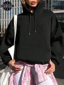 Felpa con cappuccio da donna 2026 primavera/estate, colore unito oversize e ampia, top, stile vacanza al mare, stampa grafica, casual primavera/estate, streetwear oversize, pile, Natale - nero - Visualizzare 3