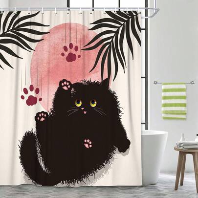 1 Piece Of Minimalist Percy Cat Shower Curtain, Fashionable Cat Plant Leaf Printed Shower Curtain, Suitable For Room Decoration Partitions, Bathroom Accessories Shower Curtain, Bathtub Curtain