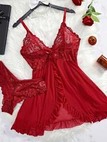 Women's Lingerie Set, Mesh Fabric Camisole Nightgown, Suitable Home, Hotel, Valentine's Day, And Other Occasions - Đỏ - Xem 5