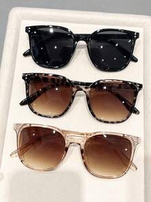 3件套女士眼镜组合，超大镜框，黑色豹纹，茶色塑料时尚眼镜，运动风格镜框，适合户外夏季海滩旅行派对服装配饰 - 彩色 - 查看 1