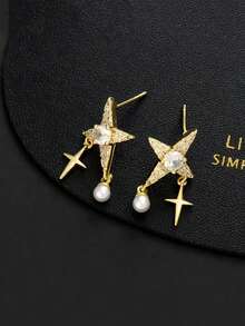 1 Pair Elegant & Luxurious Cubic Zirconia Star & Pearl Stud Earrings, 925 Sterling Silver, Fashion Goddess Gift For Anniversary, Valentine's Day, Party - Earrings - View 2