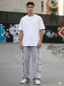 New Model Men's Cargo Jeans, Black Washed, Stonewashed, Original Straight Leg, Loose Fit, 8 Pockets - 淺灰色 - 查看 2
