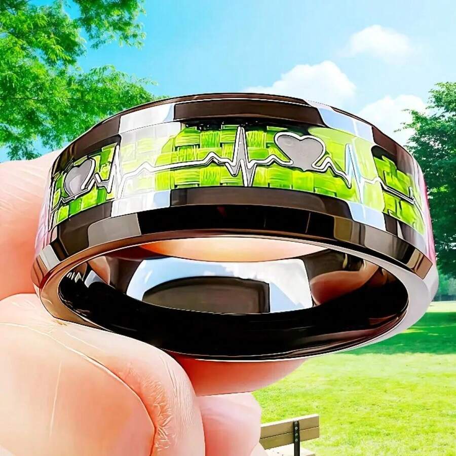 1. 男士时尚 8 毫米钨金戒指 - 心形绿色碳纤维镶嵌，无涂层设计，适合男士佩戴，可作结婚订婚戒指、周年纪念日情人节礼物，耐刮擦现代中性珠宝礼品 - 綠底碳纖維心電圖 - 查看 1