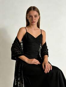 1pc Black Classic Elegant Velvet Fashion Versatile Unique Charming Long Tassel Shawl Scarf, Suitable For Evening Party - Black - View 6