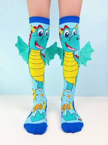 1 Pair Kids Over-The-Knee Socks, Featuring Cute Dinosaur Pattern Design With 3D Wing Decor. Children's Socks, Crazy Socks, Fun Socks, Suitable For All Seasons. They Make Perfect Gifts For Crazy Day, Kids Parties, Valentine's Day, Easter, Holidays, Outdoor Activities And Everyday Wear. - Baby Blue - View 11