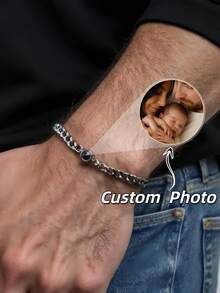 1pc Customized Photo Projection Bracelet, Personalized Stainless Steel Round Projection Bracelet, Custom Partner Photo Bracelet, Customized Thick Curb Chain Bracelet, Couples Bracelet, Memorial Photo Jewelry, Unisex Customized Valentine's Day Projection Bracelet - Projection Bracelet - View 3