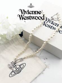 Vivienne Westwood 1PC Lucrece Collection Saturn Pin Pearl Necklace Silver, Brass, Rhinestone Embellished - Silver - View 6