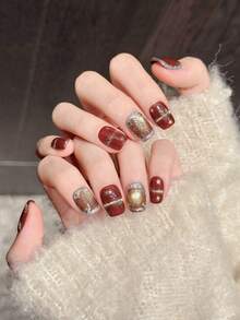 10Pcs Star Pattern Red Gold Glitter False Nails For Party Wedding And Daily Use - Burgundy - View 2