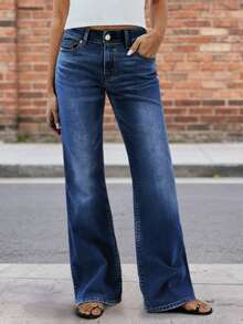 新款时尚女式直筒牛仔裤，舒适弹力，高品质，时尚休闲装 - 深色水洗藍 - 查看 5