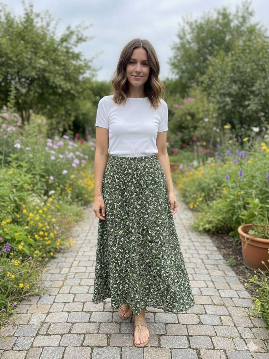 Long, Printed Viscose Skirt, Lined, High Waist With Pockets And Side Slits. - 軍綠色花朵 - 查看 1