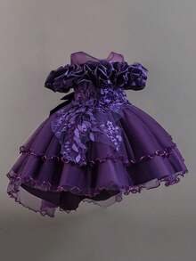 Vestido de princesa elegante con cola de golondrina y apliques de malla para niñas jóvenes, adecuado para fiestas, diadema no incluida - Morado - Ver 4