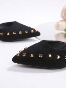 New Summer Rivet Pointed Toe Suede Comfy Thick Heel Pumps, Fashionable Versatile Elegant High-Quality Comfortable - Black - View 7