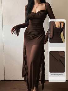 Women's Elegant Casual Ruffle Trim Long Sleeve Mesh Dress, Suitable For Fall, Concerts, Christmas, Going Out, Wedding Guests, Clubs, And Fairy-Inspired Looks - Brown - View 3
