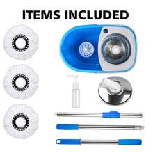 Spin Mop And Bucket,Mop And Bucket With Wringer Set For Home,360 Spinning Mopping Floor Cleaning Tool With 3 Microfiber Replacement Head Refills,61" Extended Handle, 2X Wheel - Blue/Black - Blue - 查看 3